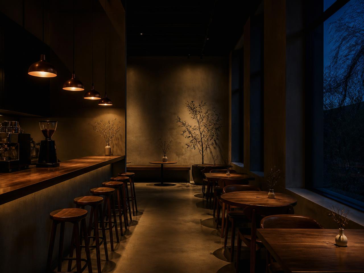 A cafe interior at night, lit by warm copper pendant lights